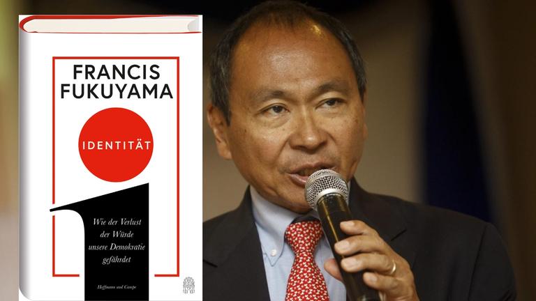 Hintergrundbild: Der US-amerikanische Politikwissenschaftler Yoshihiro Francis Fukuyama. Vordergrund: Buchcover Hintergrundbild: Der US-amerikanische Politikwissenschaftler Yoshihiro Francis Fukuyama. Vordergrund: Buchcover