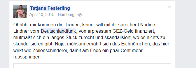 Screenshot des Facebook-Posts von Tatjana Festerling. Screenshot des Facebook-Posts von Tatjana Festerling.