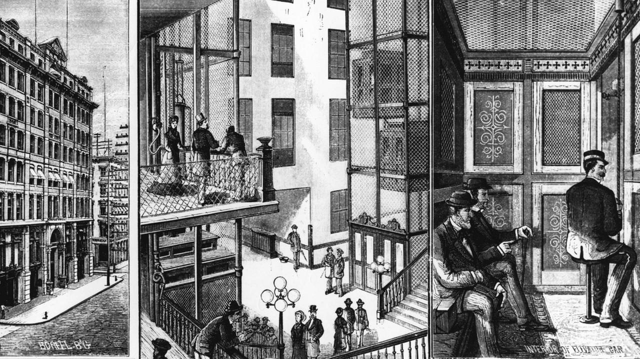 Ein Otis-Fahrstuhl mit Liftboy in einem Bürogebäude 1897 in New York. Männer sitzen in einem Lift.