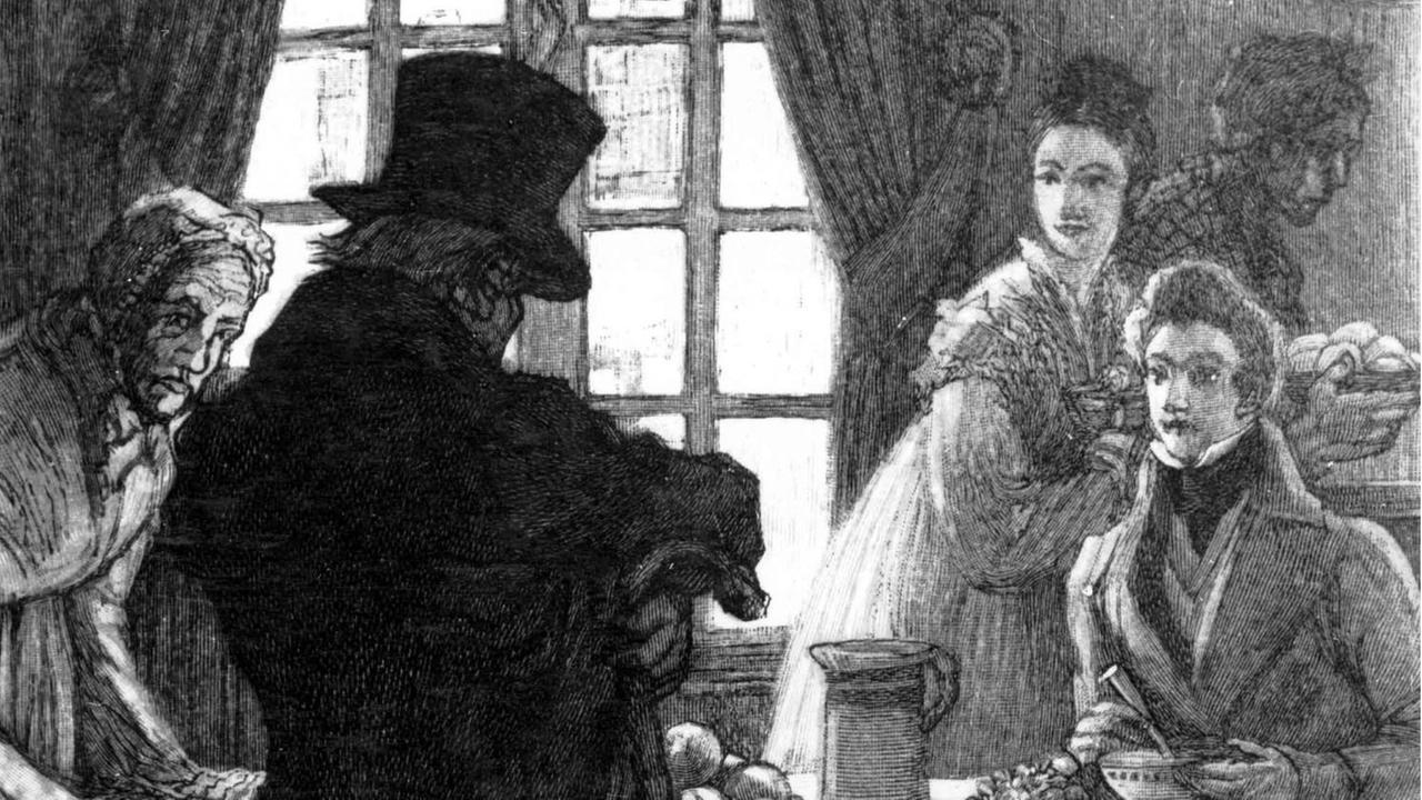 Illustration von Vater Grandet, einer Figur von Honoré de Balzac, mit Zylinder vor einem gedeckten Tisch. Illustration von Vater Grandet, einer Figur von Honoré de Balzac, mit Zylinder vor einem gedeckten Tisch.