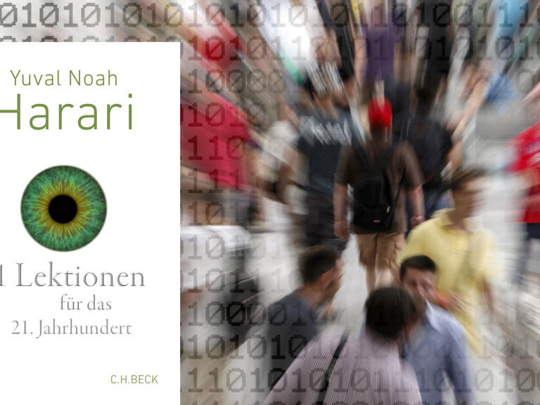 Cover von Yuval Noah Harari: "21 Lektionen für das 21. Jahrhundert"; im Hintergrund sind Menschen vor digitalem Zahlcode zu sehen