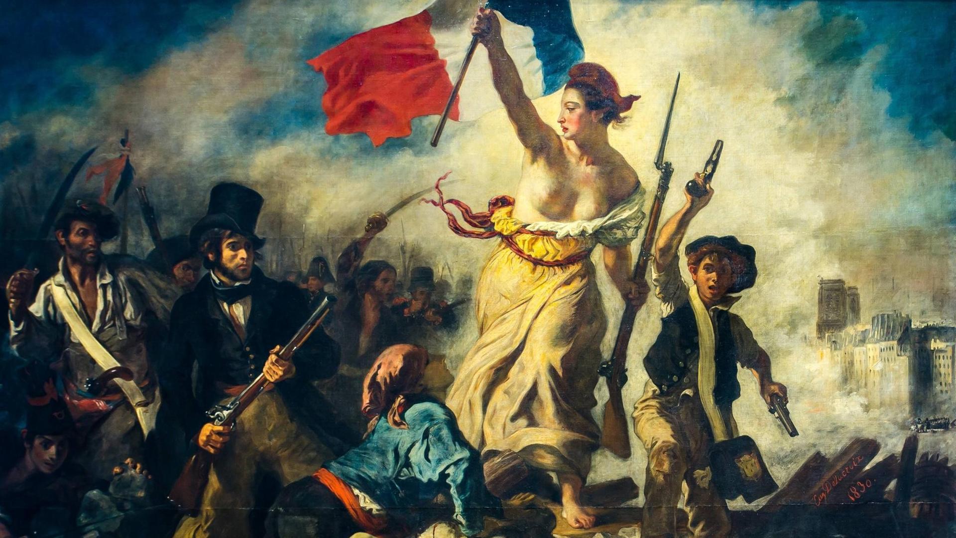 Eugène Delacroix’ Gemälde "Die Freiheit führt das Volk" von 1830 zeigt die barbusige, Trikolore-schwenkende Marianne in den Wirren der Juli-Revolution. Eugène Delacroix’ Gemälde "Die Freiheit führt das Volk" von 1830 zeigt die barbusige, Trikolore-schwenkende Marianne in den Wirren der Juli-Revolution.
