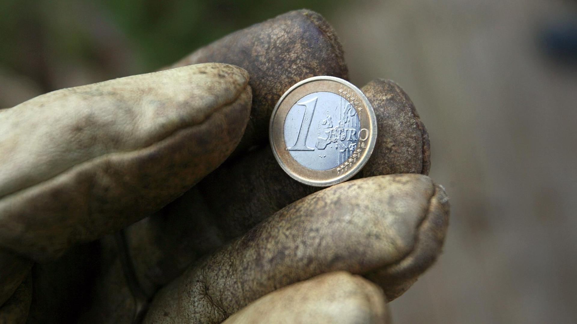 Eine Hand in einem Arbeitshandschuh hält eine Ein-Euro-Münze. Eine Hand in einem Arbeitshandschuh hält eine Ein-Euro-Münze.
