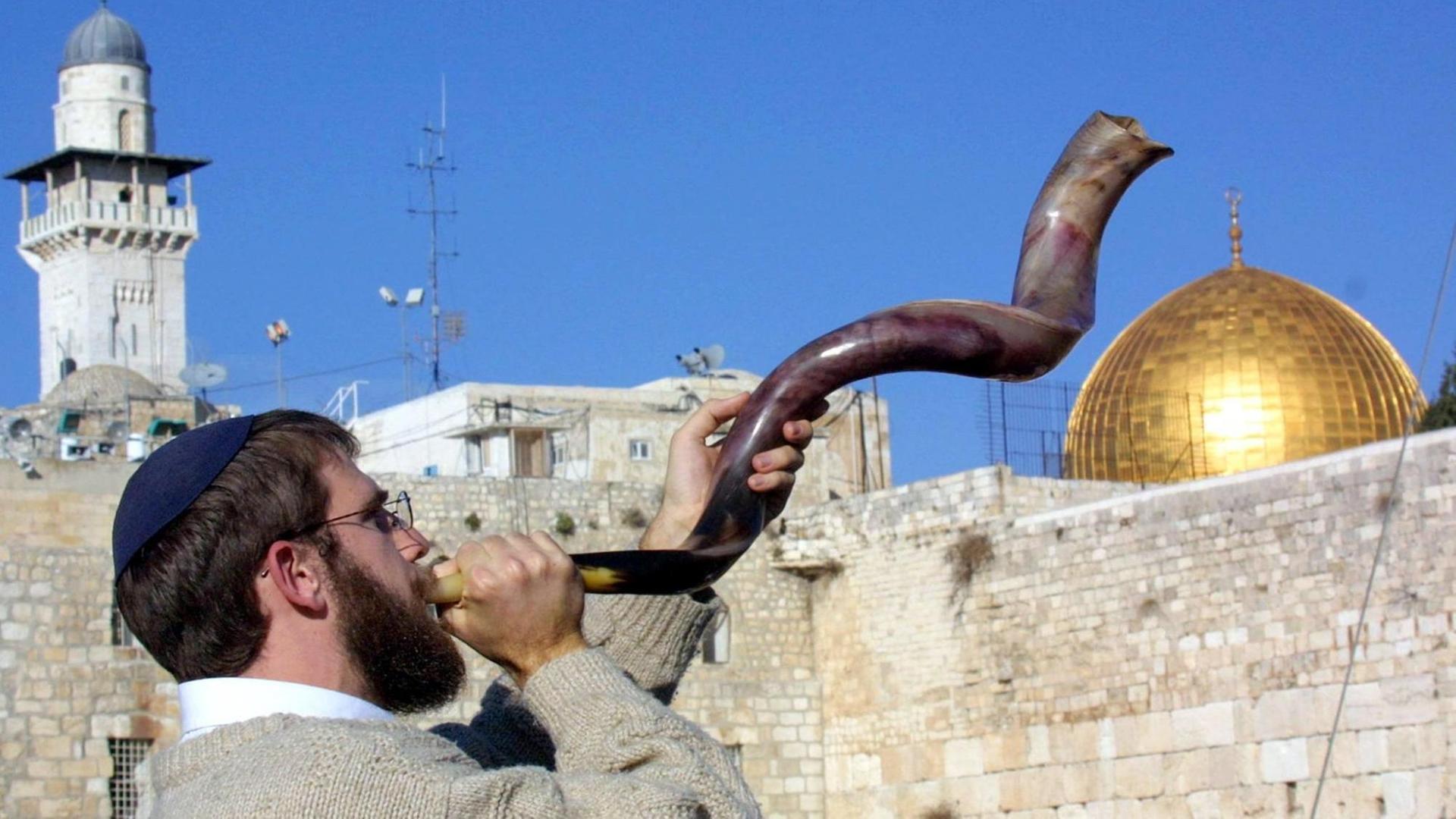 Ein ultra-orthodoxer Jude spielt am 27.12.2000 bei einer Demonstration vor der Klagemauer in Alt-Jerusalem auf einem Schofar, einem traditionellen jüdischen Horn. Ein ultra-orthodoxer Jude spielt am 27.12.2000 bei einer Demonstration vor der Klagemauer in Alt-Jerusalem auf einem Schofar, einem traditionellen jüdischen Horn.