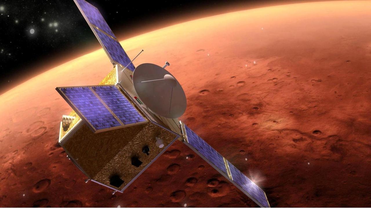 Die Raumsonde "al-Amal" der Vereinigten Arabischen Emirate umkreist den Mars ein Jahr lang umkreisen und nimmt Bilder von der Oberfläche zu unterschiedlichen Tageszeiten auf.
