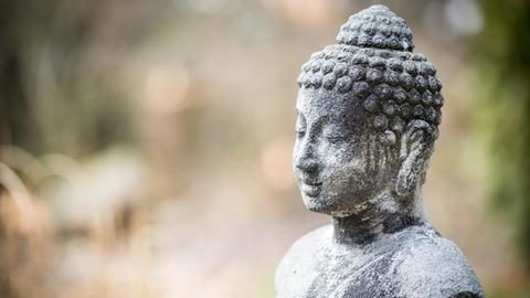 Eine steinerne Buddha-Statue steht in einem Garten.