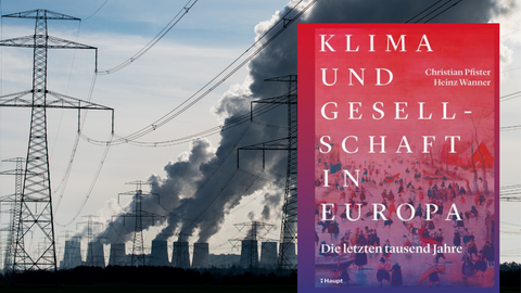 Das Buchcover "Klima und Gesellschaft in Europa" vor einem Braunkohlekraftwerk