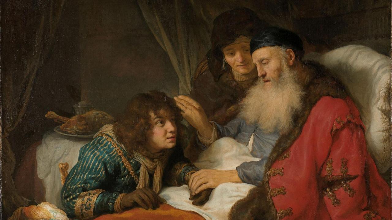 Isaak segnet Jakob, Ölgemälde von Govaert Flinck (17.Jh.) Isaak segnet Jakob, Ölgemälde von Govaert Flinck (17.Jh.)