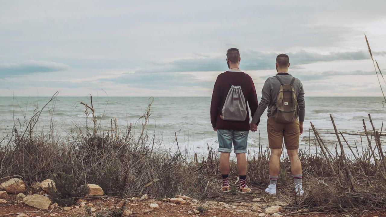Ein schwules Paar blickt auf das Meer Ein schwules Paar blickt auf das Meer