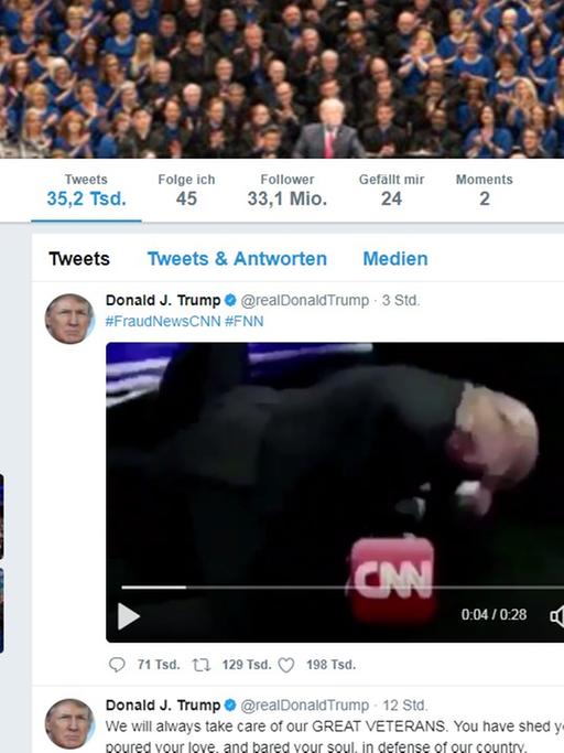 Ein Screenshot vom Twitter Account Donald Trumps zeigt ein Video, indem er selbst auf einen Mann einprügelt, dessen Kopf mit dem CNN-Logoi verfälscht wurde.