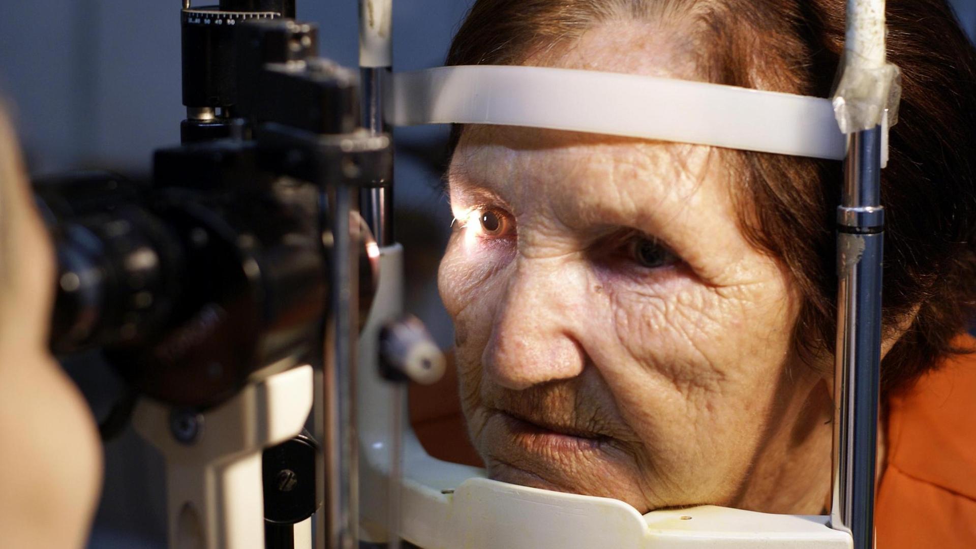 Ein Arzt leuchtet einer alten Frau in die Augen. Ein Arzt leuchtet einer alten Frau in die Augen.