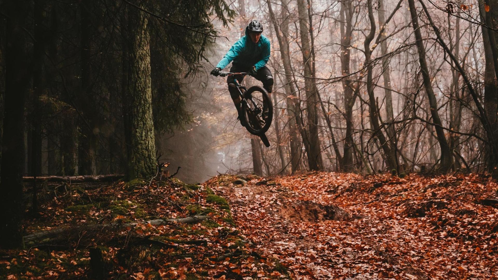 Ein Mountainbiker, der durch einen herbstlichen Wald fährt, im Sprung. Ein Mountainbiker, der durch einen herbstlichen Wald fährt, im Sprung.