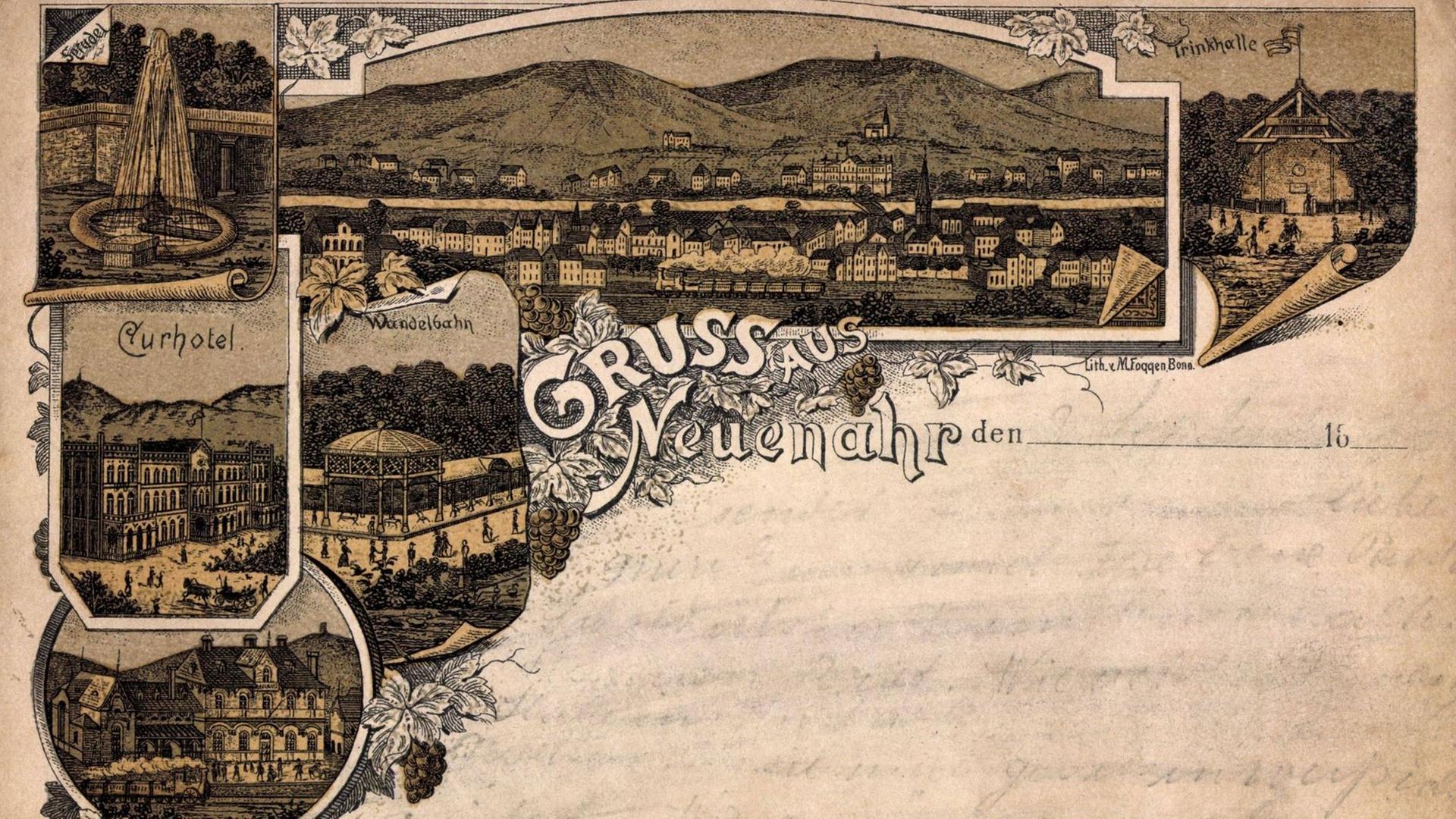 Eine alte Postkarte von 1896 zeigt ein Panorama von Bad Neuenahr (damals Neuenahr) Eine alte Postkarte von 1896 zeigt ein Panorama von Bad Neuenahr (damals Neuenahr)