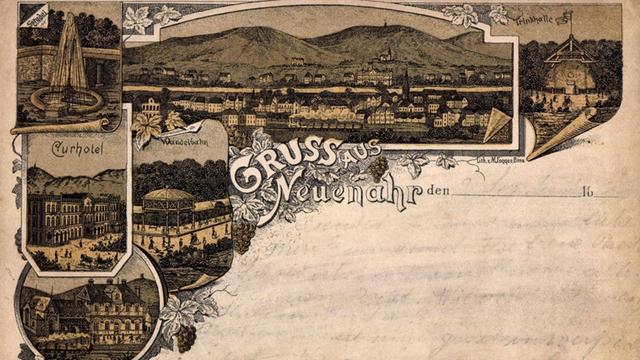Eine alte Postkarte von 1896 zeigt ein Panorama von Bad Neuenahr (damals Neuenahr)