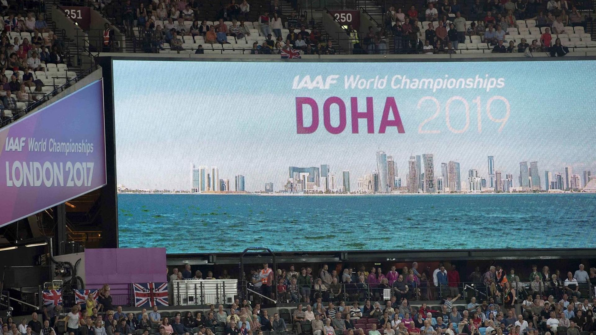 Werbung für die nächste Leichtathletik-WM in Doha. Werbung für die nächste Leichtathletik-WM in Doha.