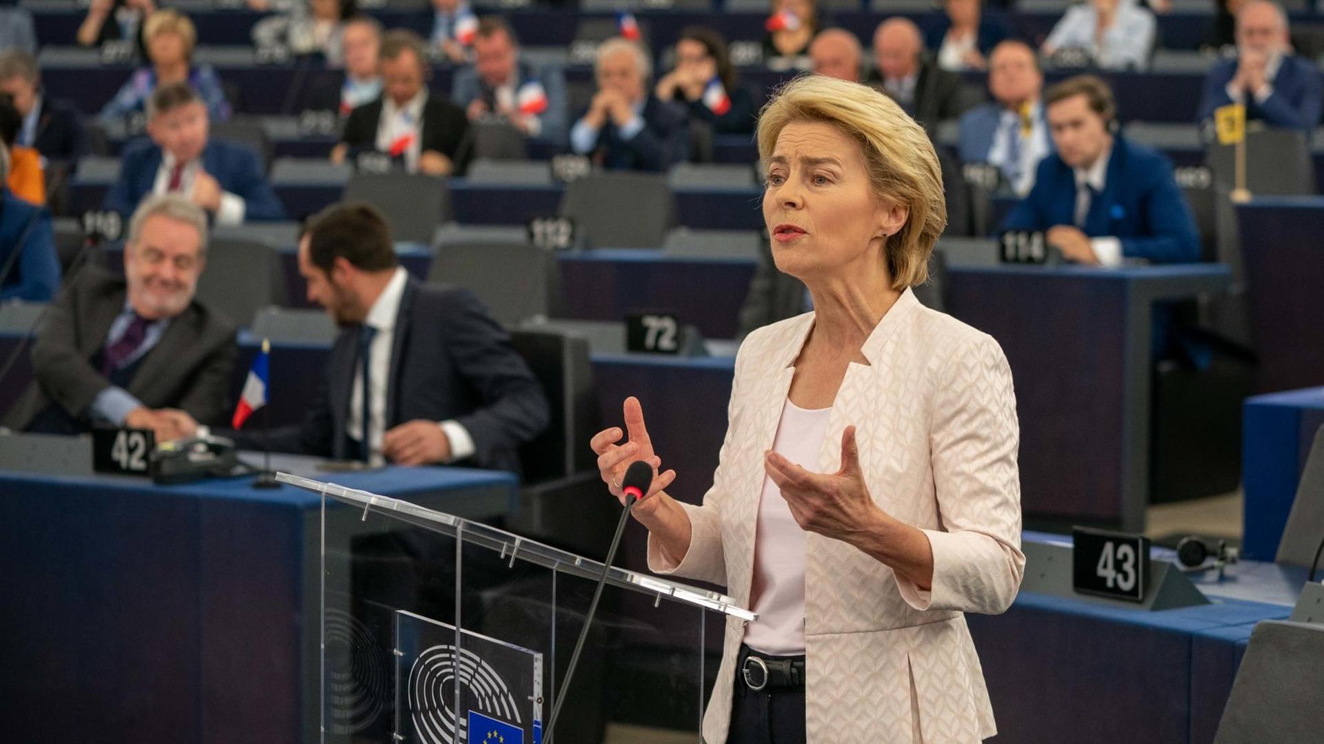 Das Bild zeigt Ursula von der Leyen bei ihrer Bewerbungsrede im Europaparlament. Sie will EU-Kommissionspräsidentin werden. Das Bild zeigt Ursula von der Leyen bei ihrer Bewerbungsrede im Europaparlament. Sie will EU-Kommissionspräsidentin werden.