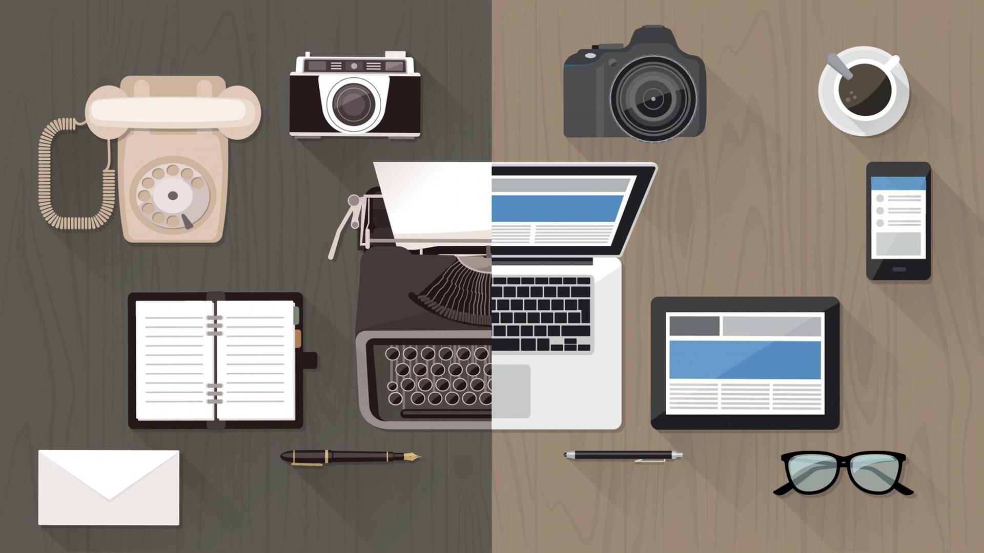 Illustration von Gegenständen aus der Moderne, gegenübergestellt denen aus der Vergangenheit: Computer/Schreibmaschine, Telefon mit Wählscheibe/Smartphone, Papierkalender/Tablet usw. Illustration von Gegenständen aus der Moderne, gegenübergestellt denen aus der Vergangenheit: Computer/Schreibmaschine, Telefon mit Wählscheibe/Smartphone, Papierkalender/Tablet usw.