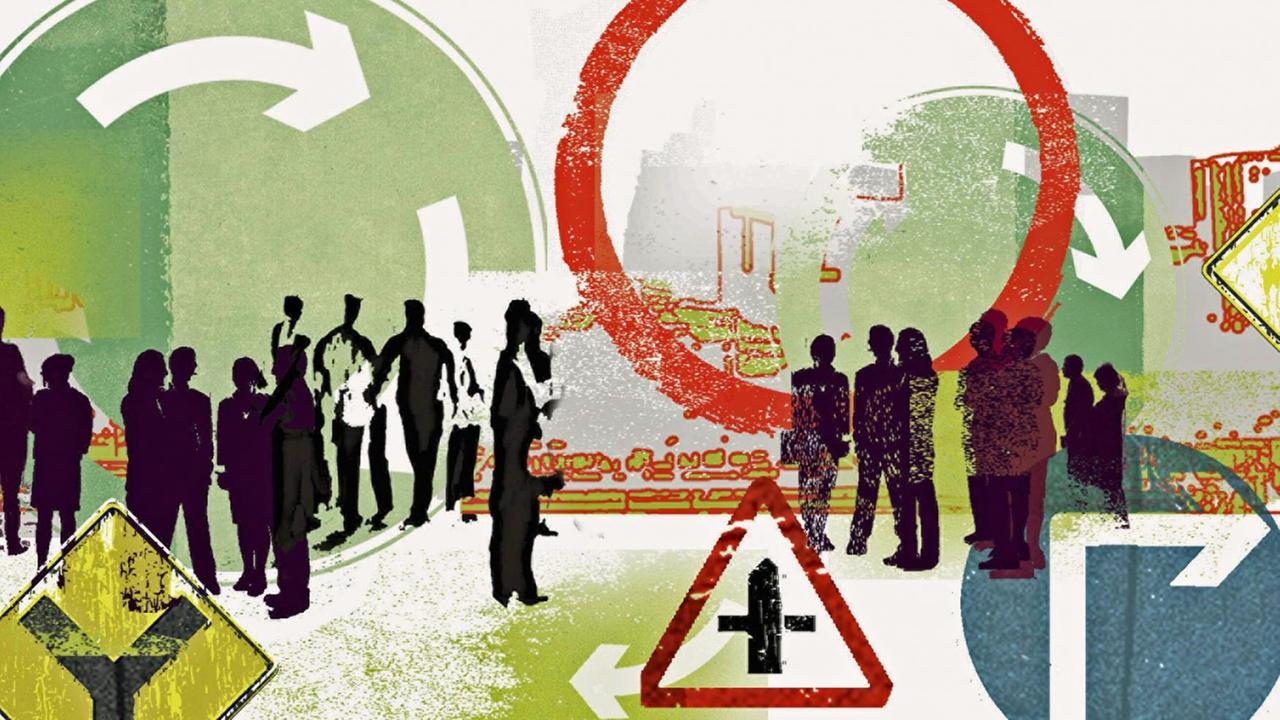 Eine Collage zeigt Schattenumrisse von Menschen mit verschiedenen Verkehrszeichen Eine Collage zeigt Schattenumrisse von Menschen mit verschiedenen Verkehrszeichen