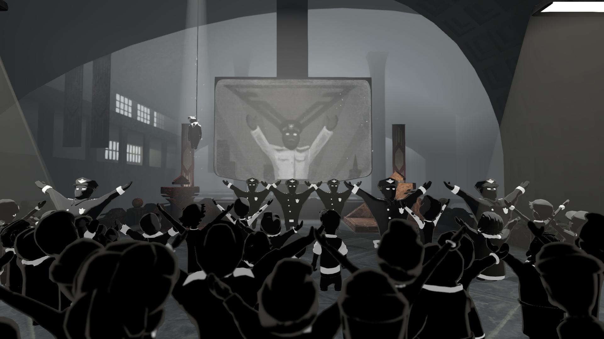 Screenshot aus Beholder 2: An der Hinrichtungsstätte zeigt eine Leinwand den Diktator, davor stehen die Ministeriumsangestellten und grüßen ihn mit erhobenen Armen.
