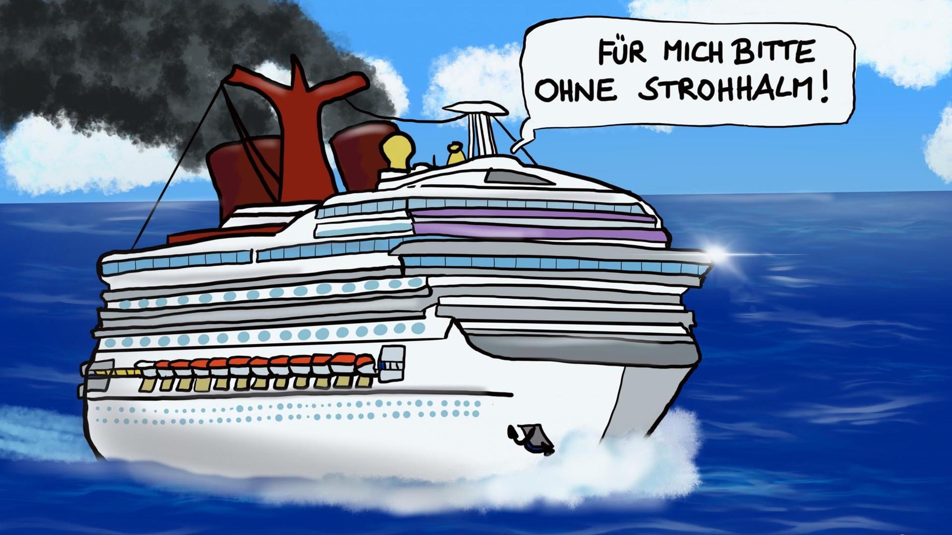Ein mächtiges Kreuzfahrtschiff dampft, schwarze Rauchwolken hinter sich herziehend, durch den Ozean. Einer der Passagiere an Deck sagt: "Für mich bitte ohne Strohhalm!". Unterschrieben ist die Karikatur mit "Kreuzfahrttouristen werden immer umweltbewusster"