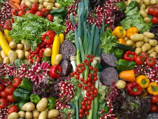 Verschiene Gemüsesorten wie Paprika, Rotkohl, Lauch, Zucchini, Kartoffeln und weitere, liegen nebeneinaner.