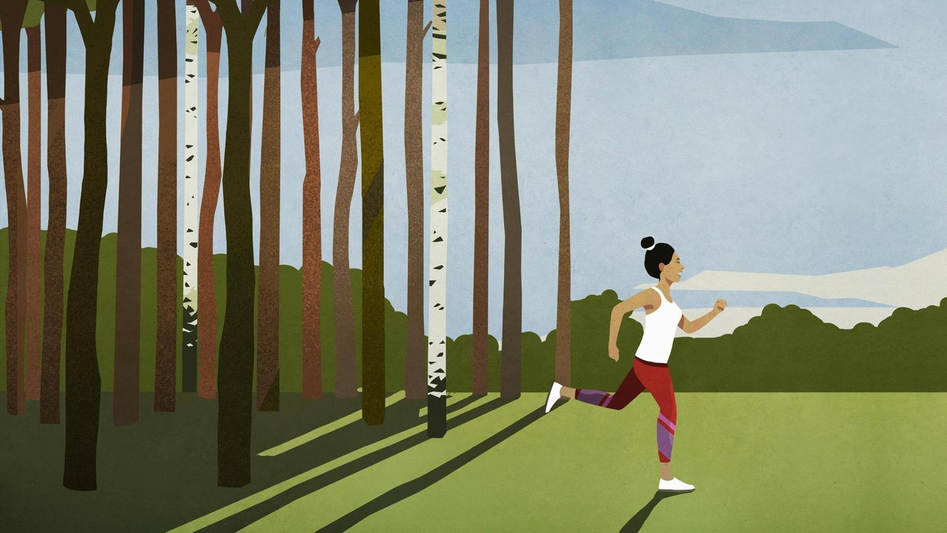 Illustration einer Frau, die aus einem Wald gejoggt kommt. Illustration einer Frau, die aus einem Wald gejoggt kommt.