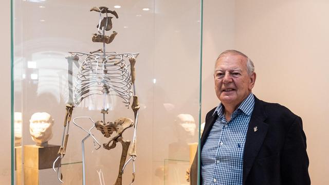 Eine Rekonstruktion des Skeletts "Lucy" und Entdecker Donald Johanson im Frankfurter Senckenberg-Museum
