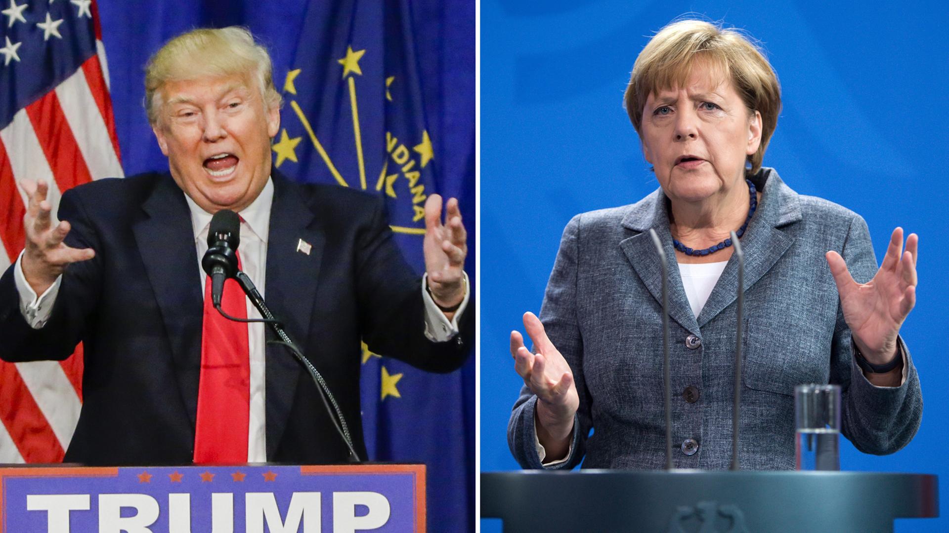 US-Präsidentschaftskandidat Donald Trump im Mai 2016 bei einer Wahlkampfveranstaltung in South Bend, Indiana; Bundeskanzlerin Angela Merkel im September 2015 bei einer Pressekonferenz in Berlin US-Präsidentschaftskandidat Donald Trump im Mai 2016 bei einer Wahlkampfveranstaltung in South Bend, Indiana; Bundeskanzlerin Angela Merkel im September 2015 bei einer Pressekonferenz in Berlin