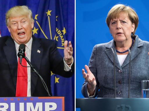 US-Präsidentschaftskandidat Donald Trump im Mai 2016 bei einer Wahlkampfveranstaltung in South Bend, Indiana; Bundeskanzlerin Angela Merkel im September 2015 bei einer Pressekonferenz in Berlin