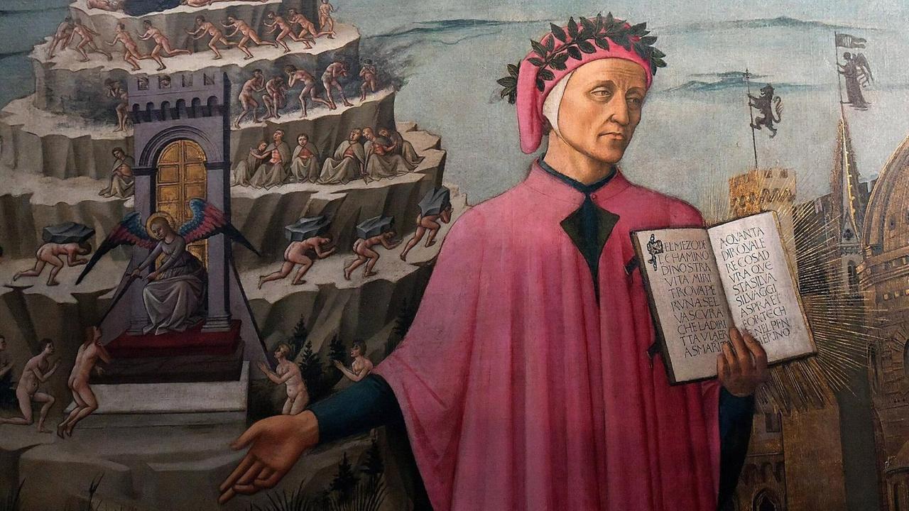 Nahansicht des Porträts von Dante Alighieri in Florenz, Kathedrale Santa Maria del Fiore. Nahansicht des Porträts von Dante Alighieri in Florenz, Kathedrale Santa Maria del Fiore.