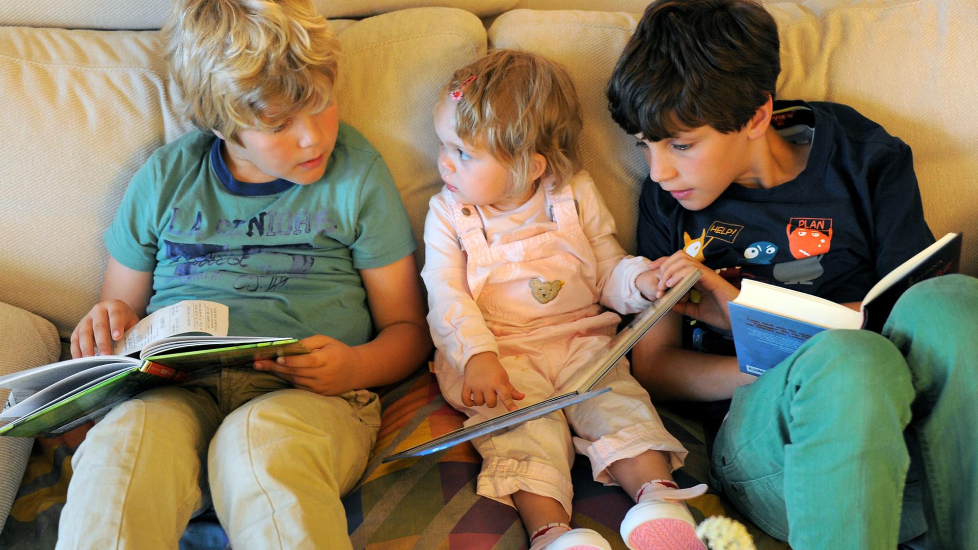 Während zwei sieben und elf Jahre alte Jungen (l, r) Bücher lesen, schaut sich ein fast zwei Jahre altes Kind ein Bilderbuch an, aufgenommen am 21.07.2012. Während zwei sieben und elf Jahre alte Jungen (l, r) Bücher lesen, schaut sich ein fast zwei Jahre altes Kind ein Bilderbuch an, aufgenommen am 21.07.2012.