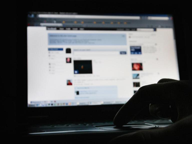 Ein heller und unscharfer Computerbilschirm, mit einer offenen Facebookseite und einer Handsilhouette an der Tastatur.