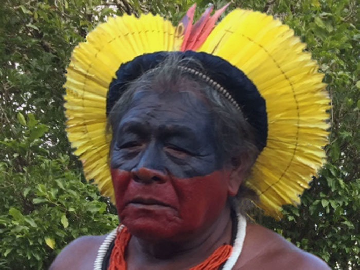 Indigener Mann des Kayopó Stammes. Ein im Gesicht bemalter Mann mit gelben Federschmuck am Hinterkopf