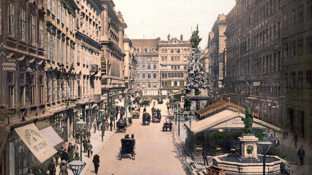 Eine belebte Straßenszene in einer altmodisch kolorierten Postkartenansicht Eine belebte Straßenszene in einer altmodisch kolorierten Postkartenansicht
