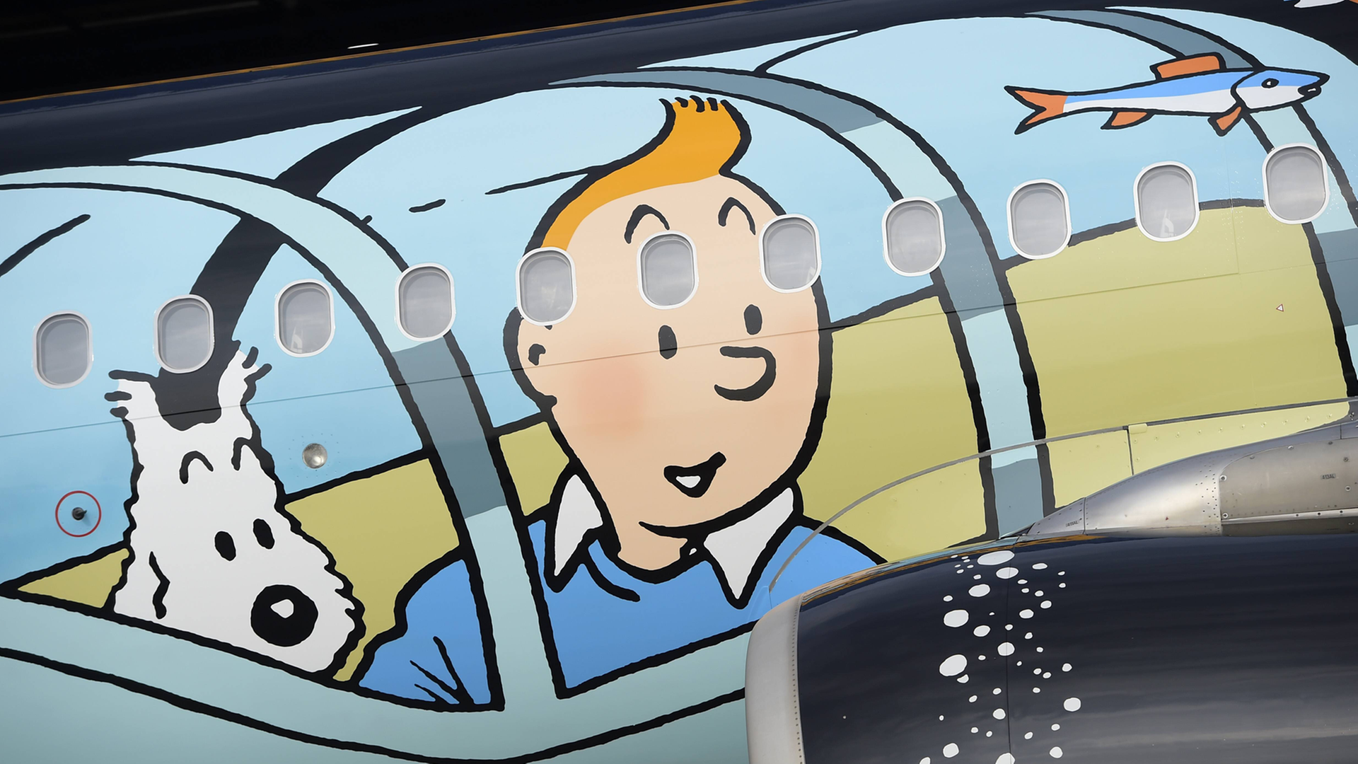 Tintin - bekannt auch als Tim und Struppi - als Illustration auf einem Flugzeug von Brussels Airlines Tintin - bekannt auch als Tim und Struppi - als Illustration auf einem Flugzeug von Brussels Airlines