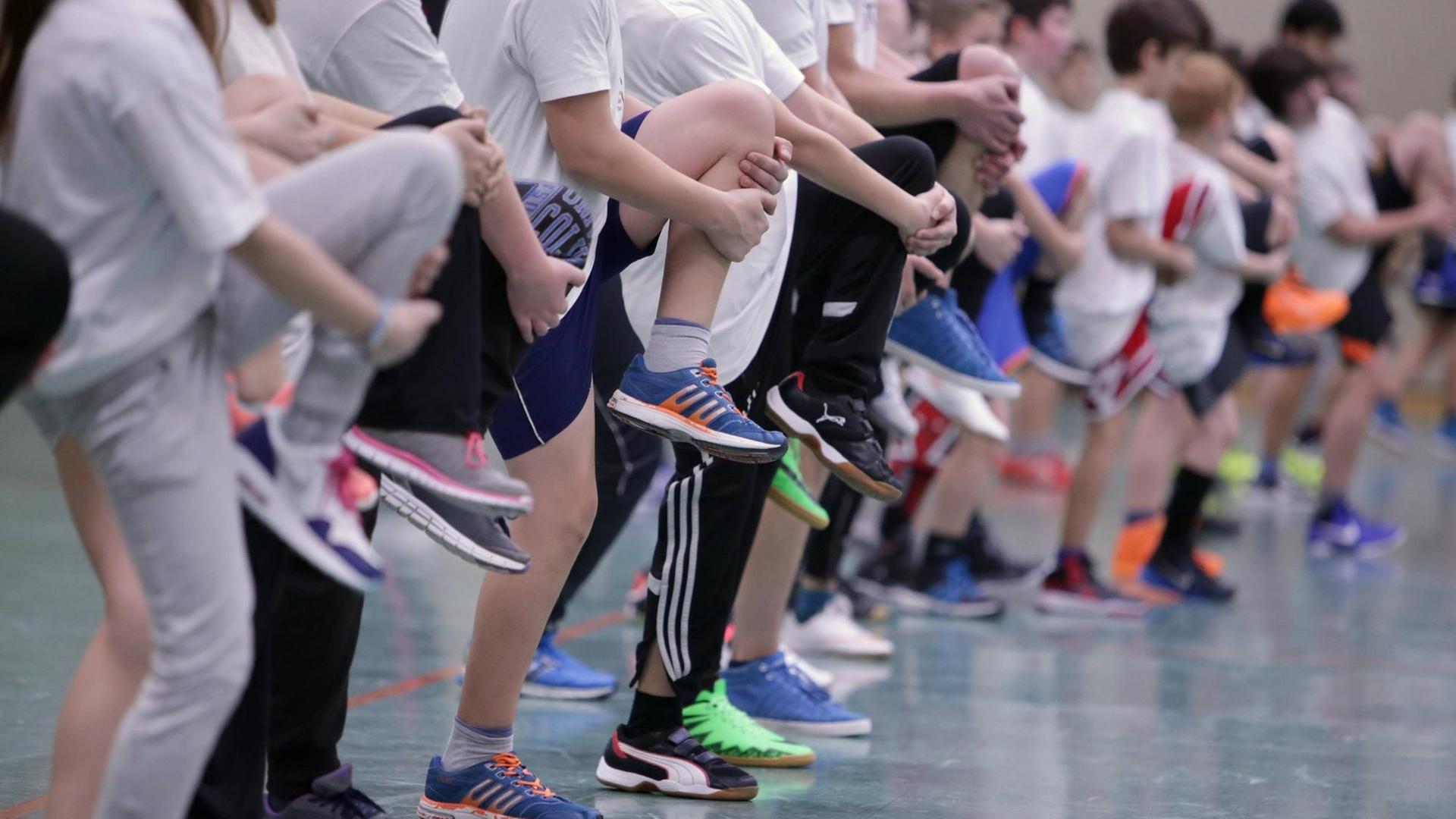 Schülerinnen und Schüler stehen beim Sportunterricht in einer Reihe, alle auf einem Bein stehend. Schülerinnen und Schüler stehen beim Sportunterricht in einer Reihe, alle auf einem Bein stehend.