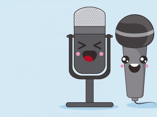 Illustration von zwei Mikrofonen mit lächelnden Gesichtern.