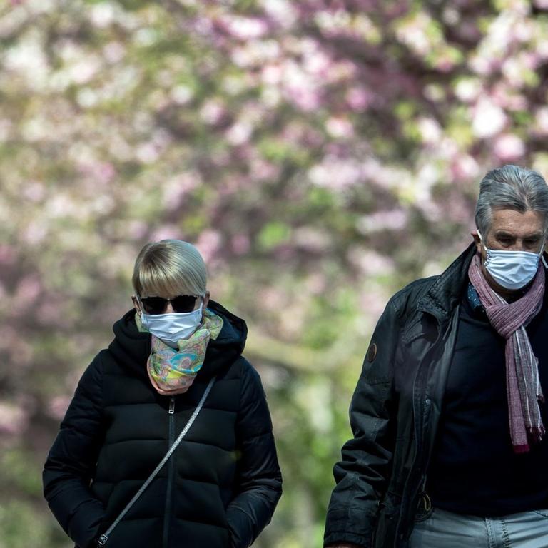 Zwei Spaziergänger gehen Ende April mit ihren Masken unter blühenden Kirschbäumen spazieren.