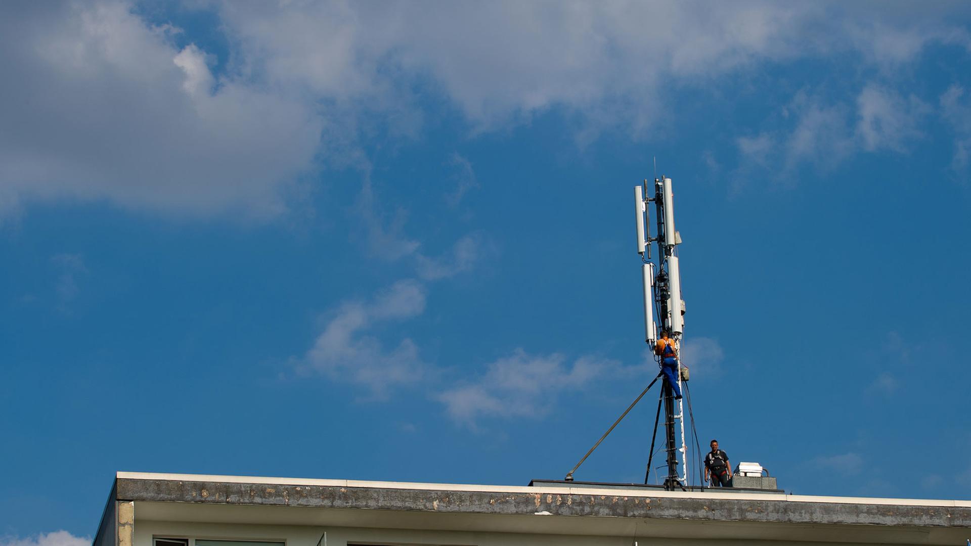 Ein Handwerker arbeitet an einem Mobilfunkmast in Meerbusch. Ein Handwerker arbeitet an einem Mobilfunkmast in Meerbusch.