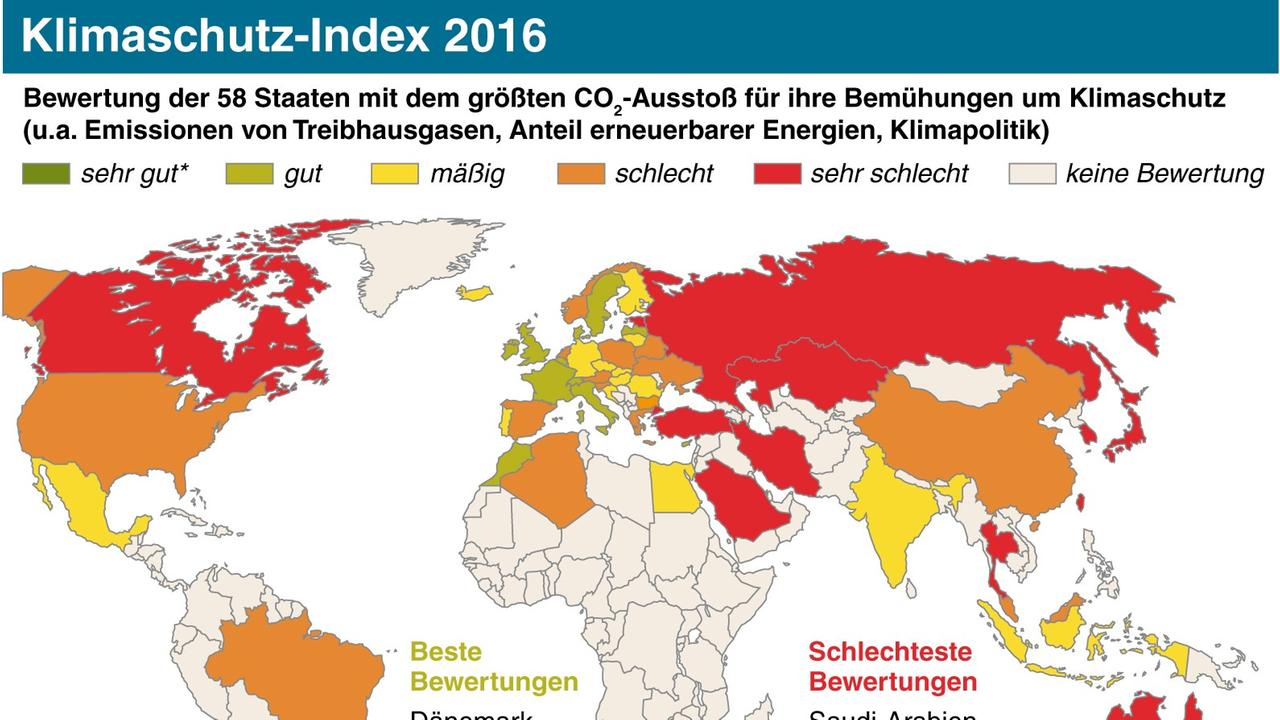 Weltkarte mit dem Klimaschutz-Index 2016. Weltkarte mit dem Klimaschutz-Index 2016.