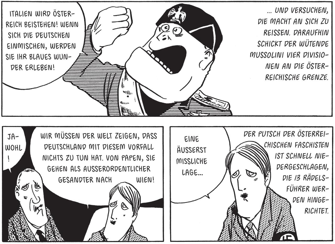 Das Bild zeigt eine halbe Seite aus der Manga-Biografie "Hitler" mit Zeichnungen von Shigeru Mizuki.