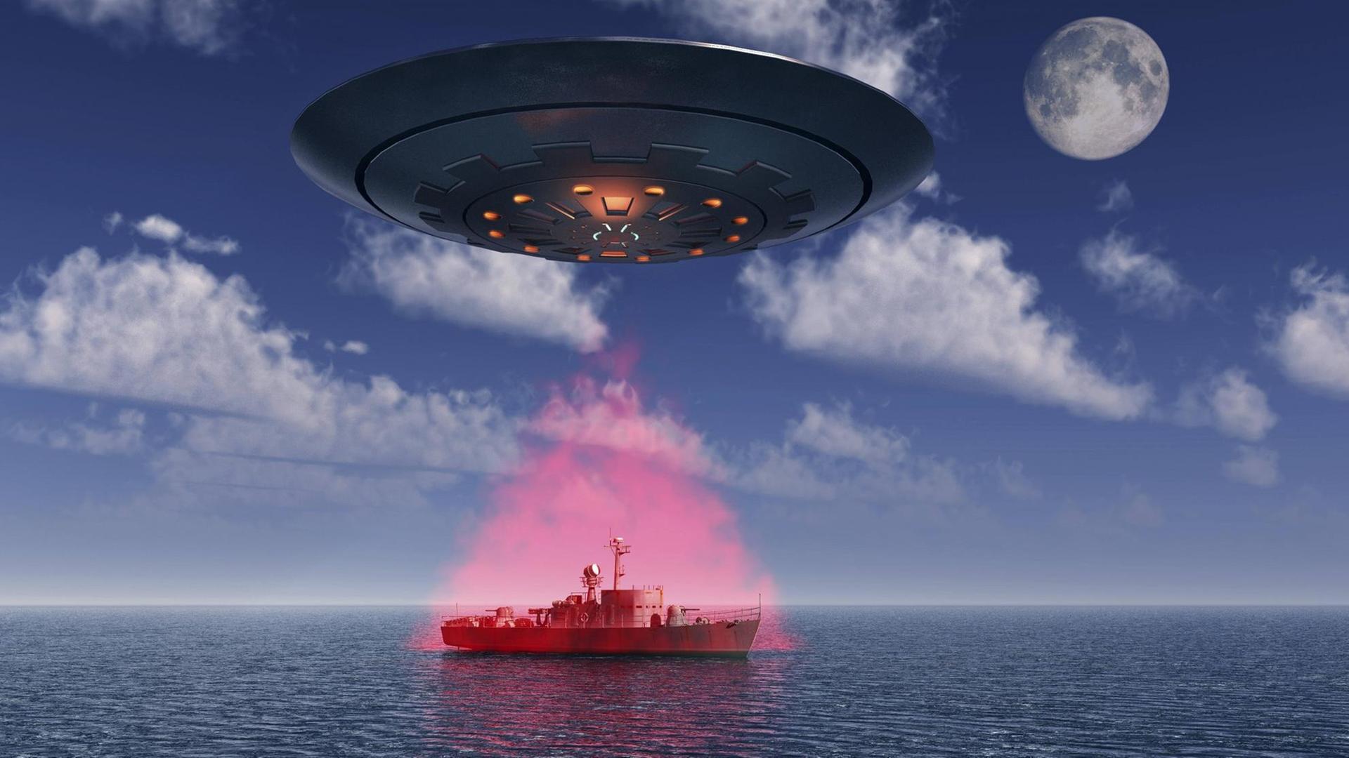 Ein menschliches Patrouillenboot bei einer Begegnung mit einem UFO. Ein menschliches Patrouillenboot bei einer Begegnung mit einem UFO.
