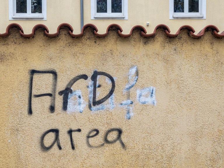 Der Text "AfD area" ist als Graffiti auf eine Grundstücksmauer in Leipzig gesprüht. Darunter stand vorher "antifa".