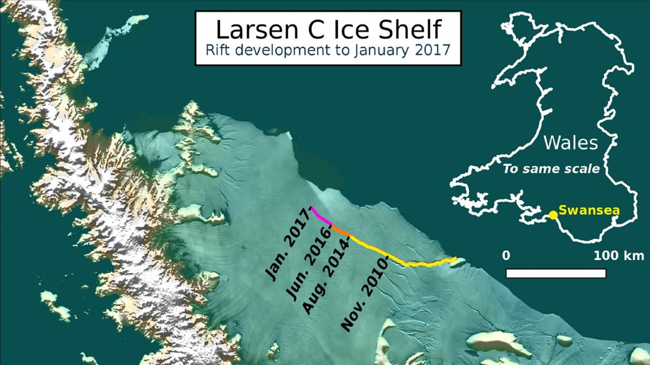 HANDOUT - Ein gewaltiger Riss im sogenannten Larsen-C-Schelfeis in der Antarktis trennt das Eis zunehmend vom Festland (Mitte oben). Ein riesiger Eisberg hat sich gelöst und treibt in Richtung Norden. (zu dpa "Riesiger Eisberg droht in Antarktis abzubrechen" vom 07.01.2017)