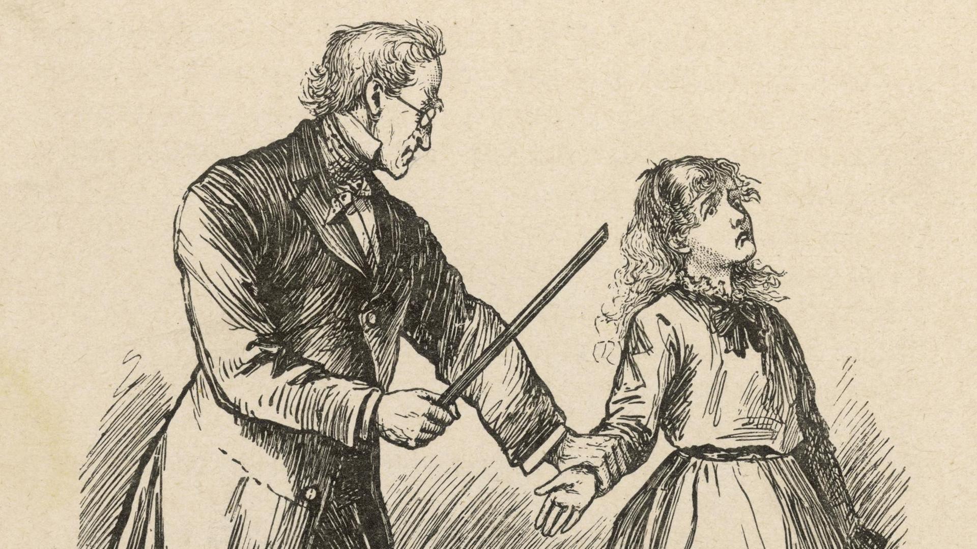 Historische Zeichnung einer Schülerin, die als Strafe vom Lehrer einen Schlag mit dem Stock über die Handfläche bekommt.