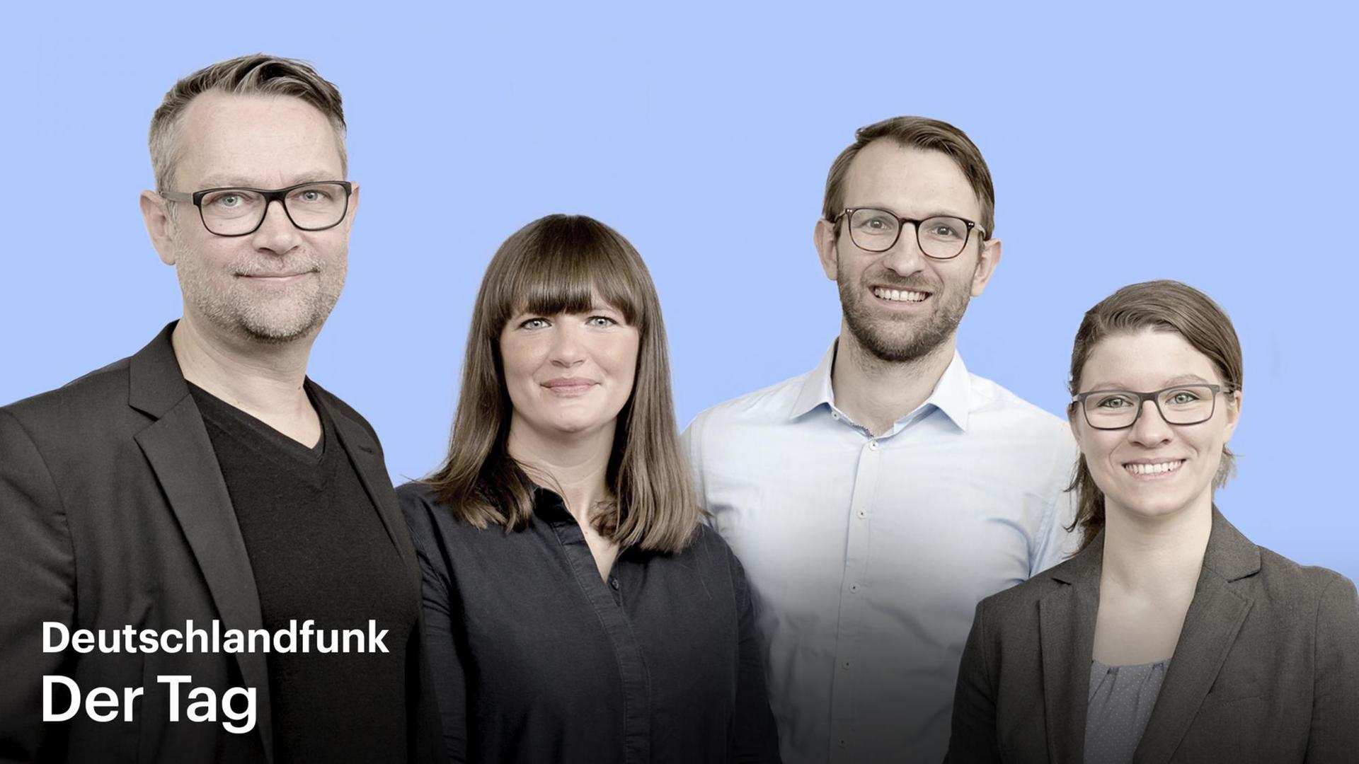 Zu sehen sind Dirk-Oliver Heckmann, Sarah Zerback, Philipp May und Ann-Kathrin Büüsker, die ModeratorInnen des Podcasts "Der Tag" Zu sehen sind Dirk-Oliver Heckmann, Sarah Zerback, Philipp May und Ann-Kathrin Büüsker, die ModeratorInnen des Podcasts "Der Tag"