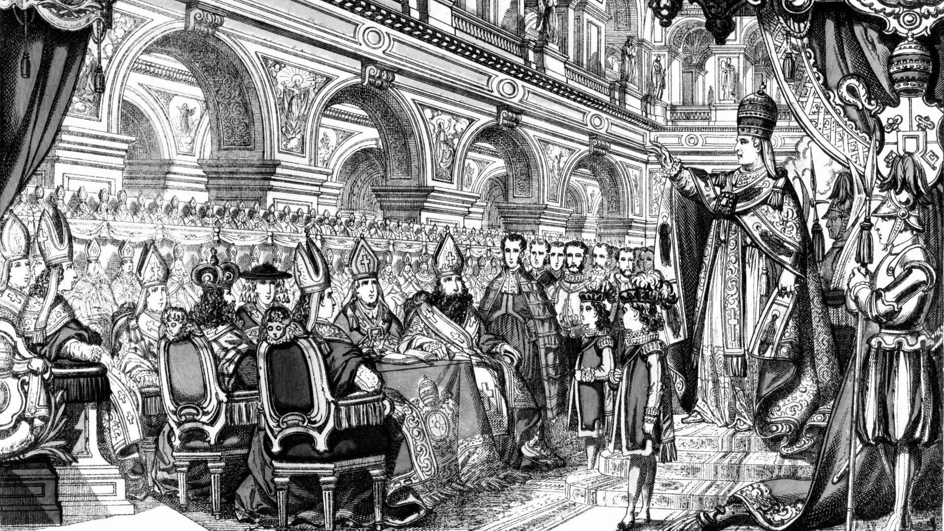 Papst Pius IX (Giovanni Maria Mastai Ferretti 1792-1878) spricht auf dem Ersten Vatikanischen Konzil zu den Kardinälen, zeitgenössische Abbildung einer französischen Zeitung Papst Pius IX (Giovanni Maria Mastai Ferretti 1792-1878) spricht auf dem Ersten Vatikanischen Konzil zu den Kardinälen, zeitgenössische Abbildung einer französischen Zeitung