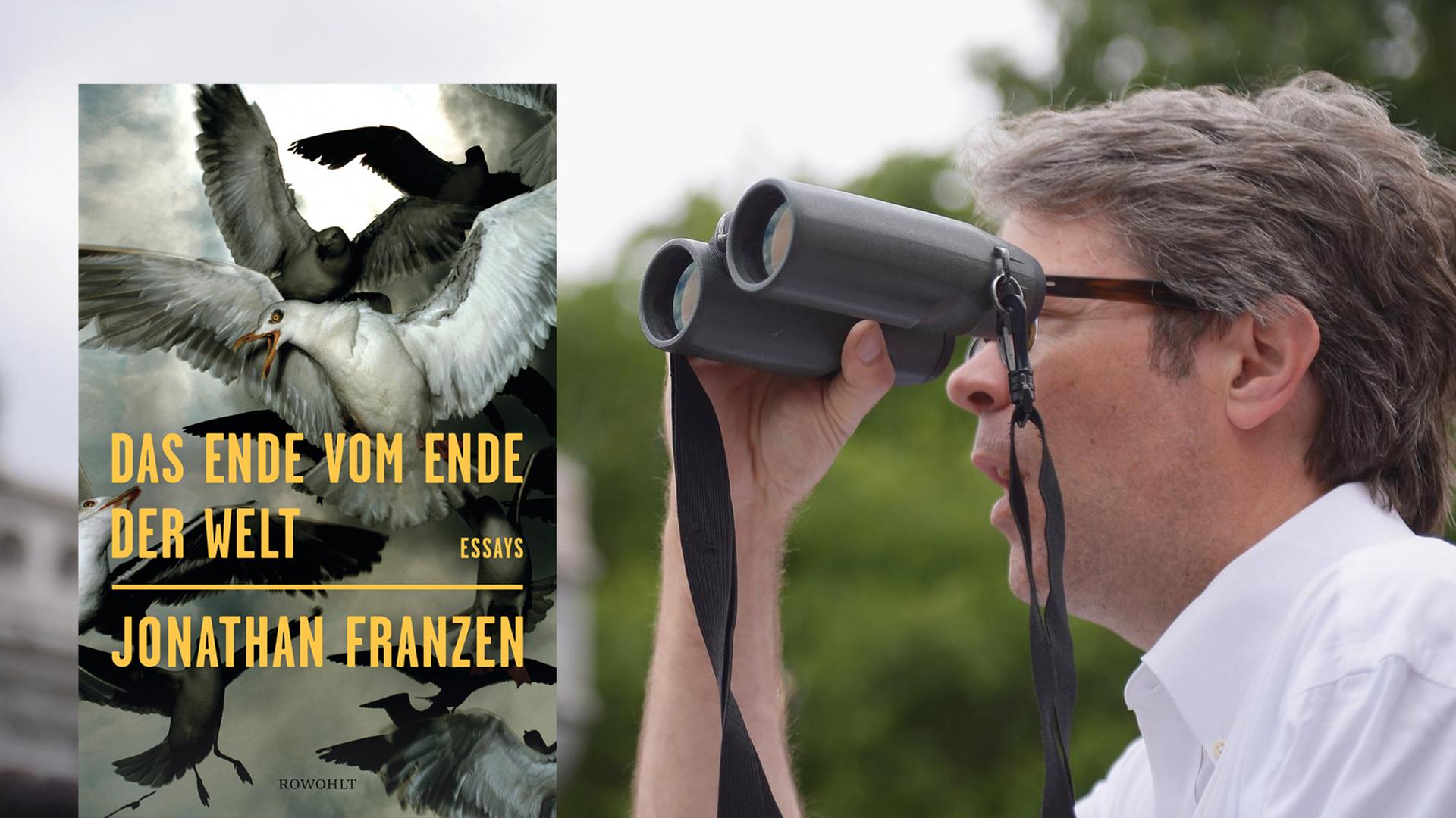 Cover "Das Ende vom Ende der Welt" von Jonathan Franzen. Daneben der Autor beim Vogelbeobachten im Central Park. Cover "Das Ende vom Ende der Welt" von Jonathan Franzen. Daneben der Autor beim Vogelbeobachten im Central Park.