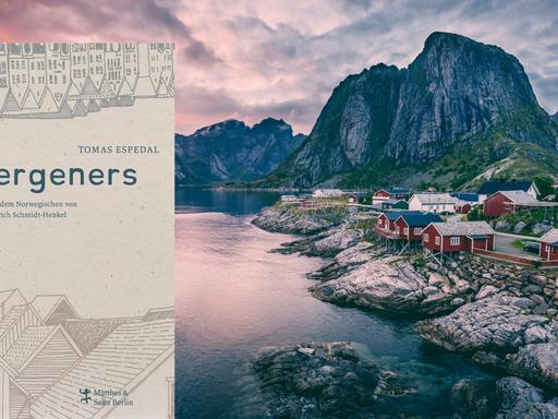 Cover von Tomas Espedals Buch "Bergeners". Im Hintergrund ist ein Foto des norwegischen Fischerdorfes Hamnøy zu sehen.