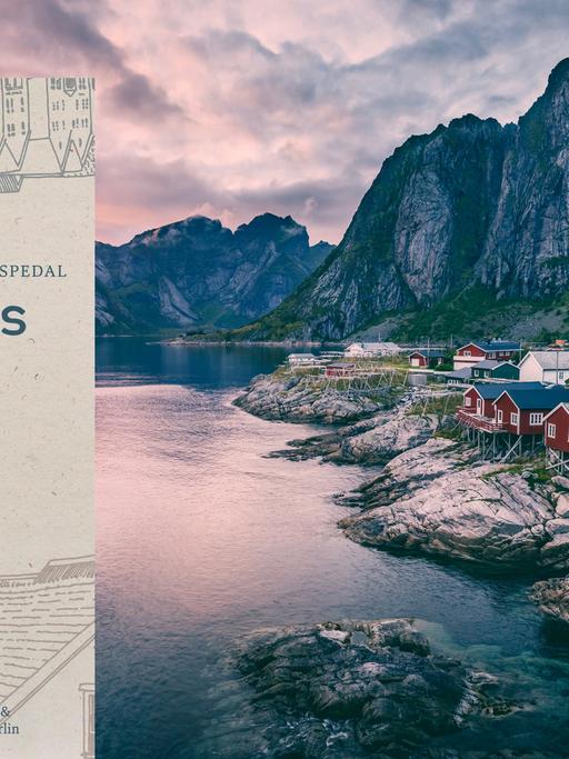 Cover von Tomas Espedals Buch "Bergeners". Im Hintergrund ist ein Foto des norwegischen Fischerdorfes Hamnøy zu sehen.